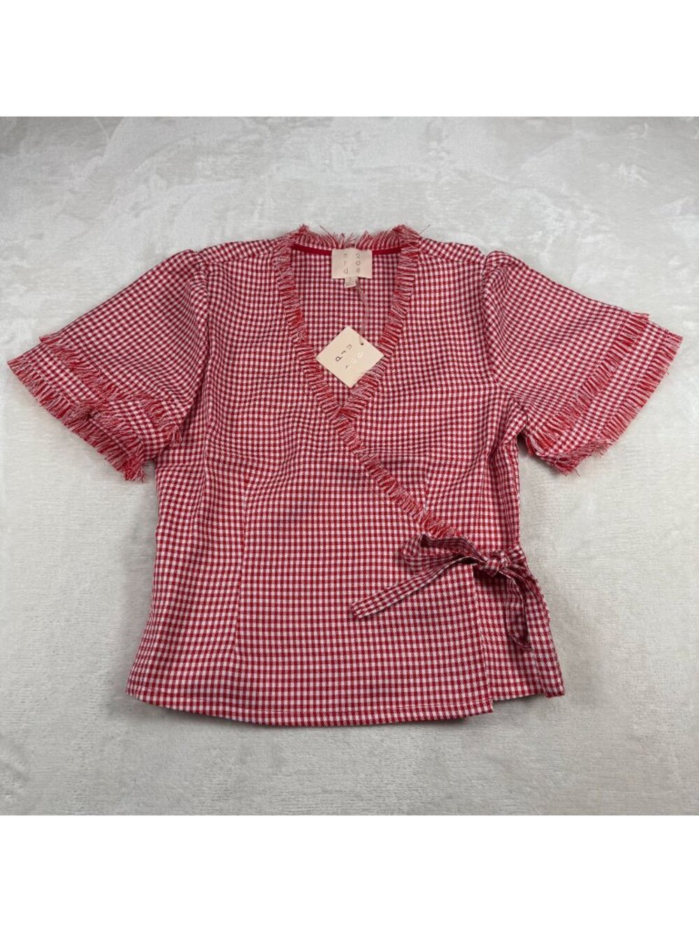 NWT Nurode Anthropologie Red White Gingham Wrap Top Blouse Small Pin Up